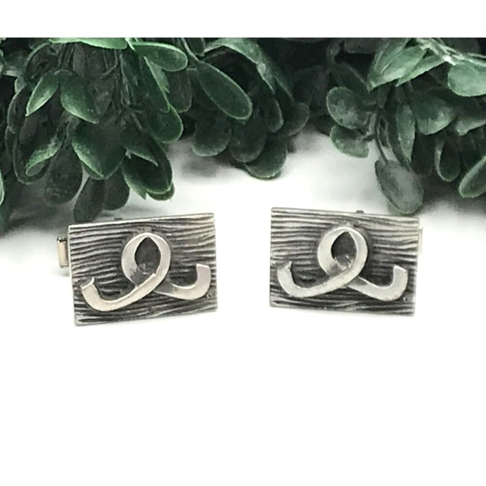Vintage Silver Tone Rectangular Cufflinks With Ab… - image 1